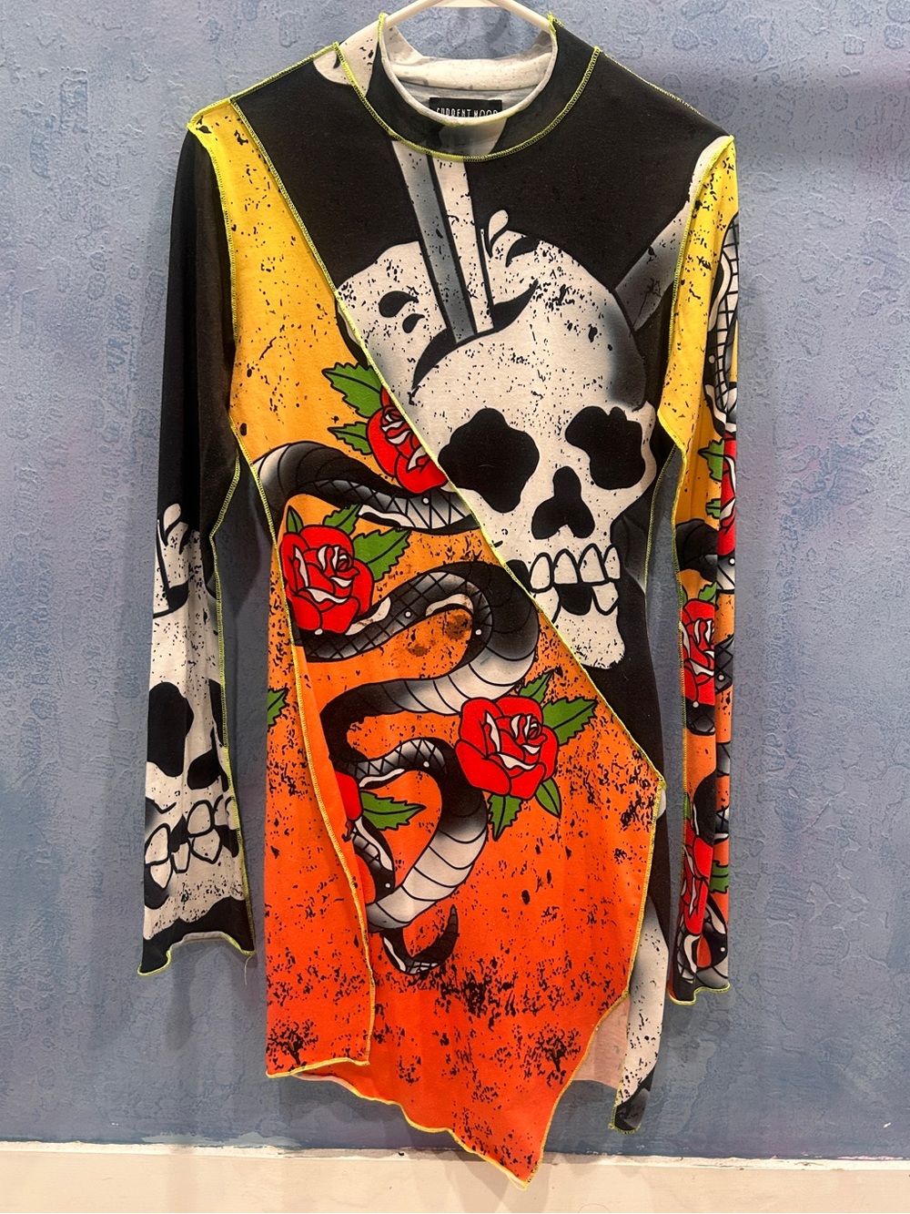 Current Mood Long Sleeve Skull & Roses dress- Orange / Black / Red